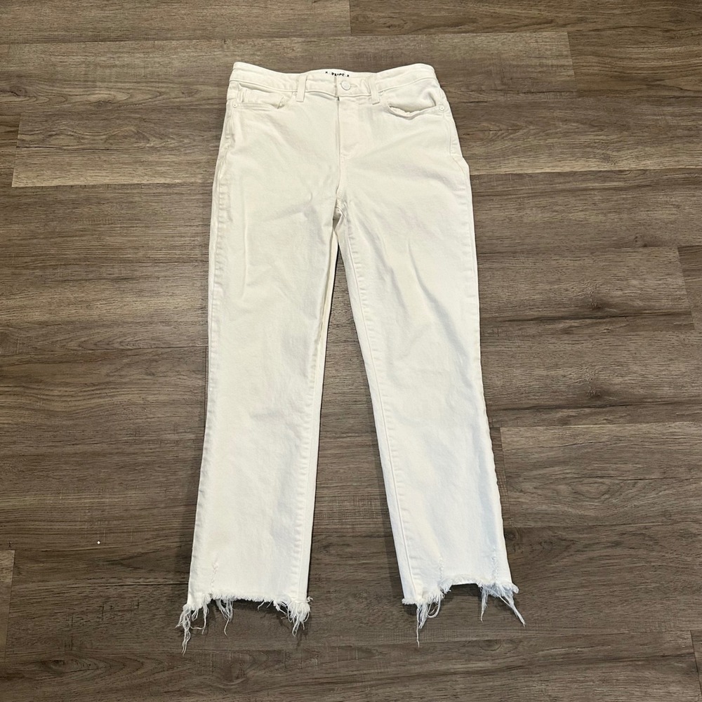 PAIGE Cindy Crop High Rise Straight Leg Jeans Crisp White Destroyed Hem 29
